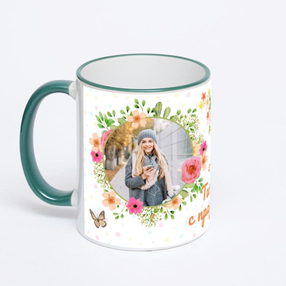 Кружка с зеленой ручкой и ободком