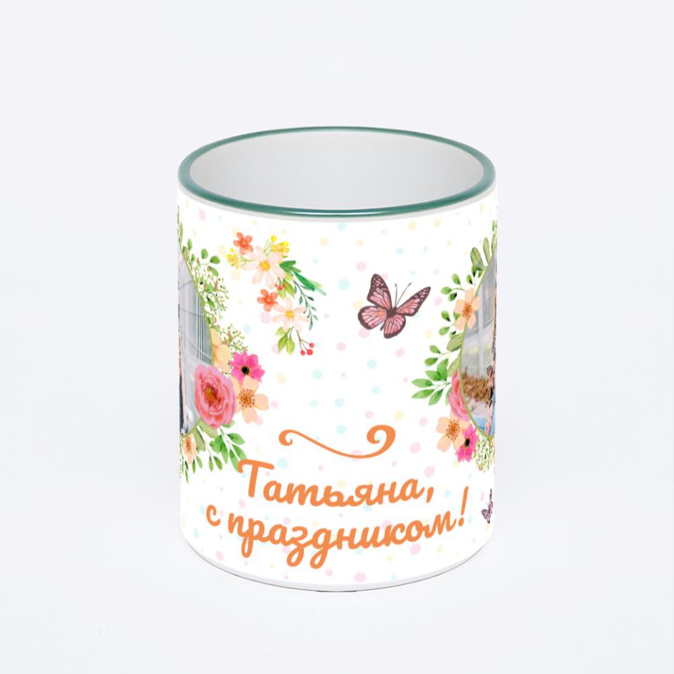 Кружка с зеленой ручкой и ободком