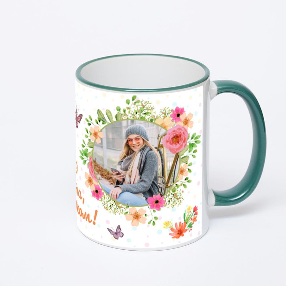 Кружка с зеленой ручкой и ободком