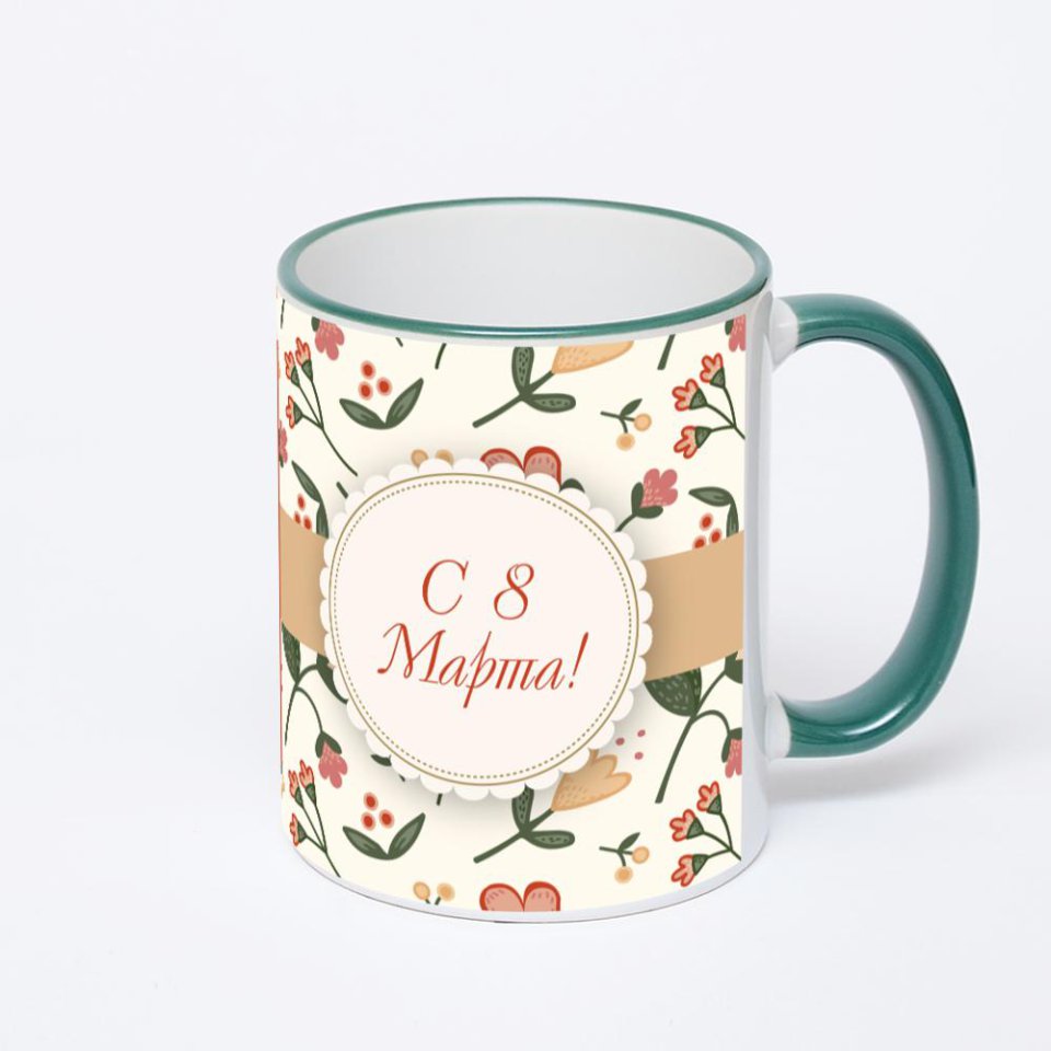 Кружка с зеленой ручкой и ободком