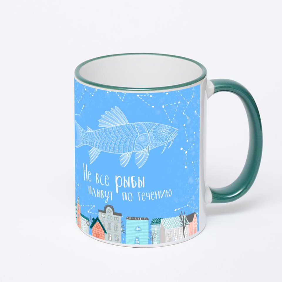 Кружка с зеленой ручкой и ободком