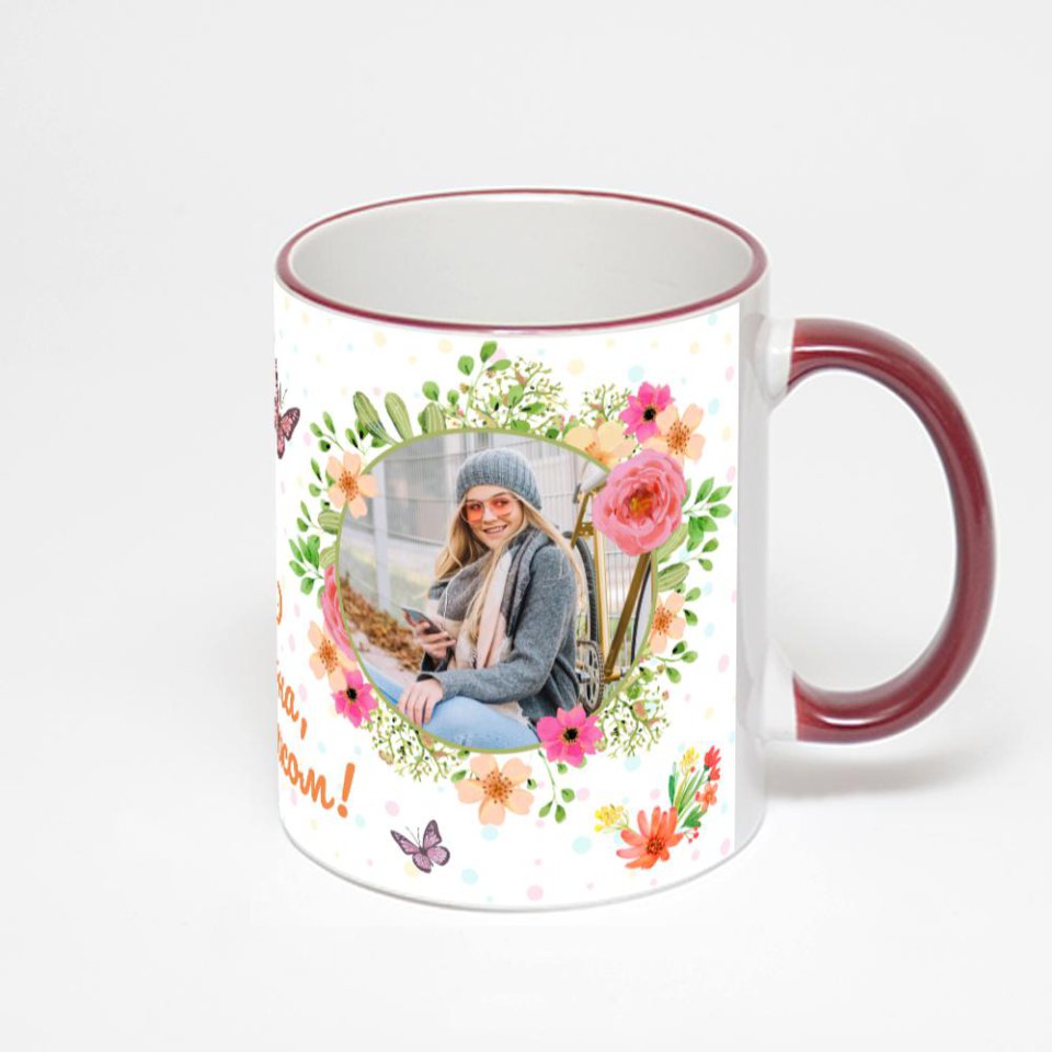 Кружка с бордовой ручкой и ободком