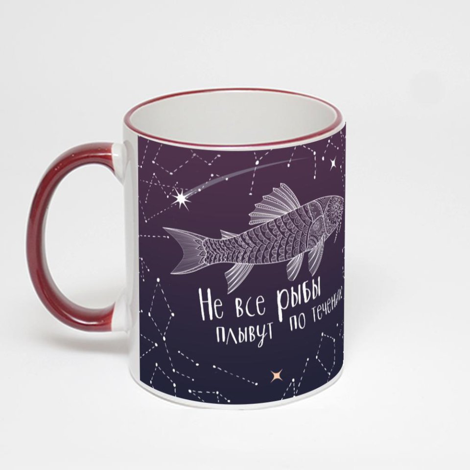 Кружка с бордовой ручкой и ободком