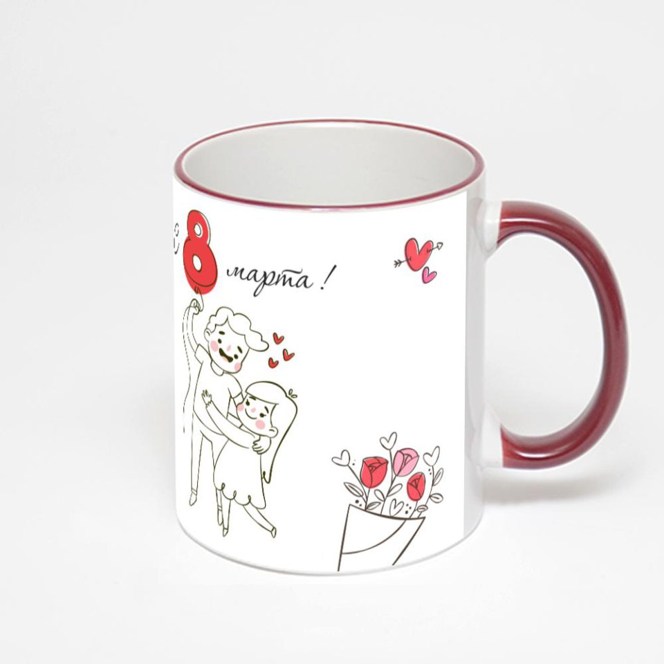 Кружка с бордовой ручкой и ободком