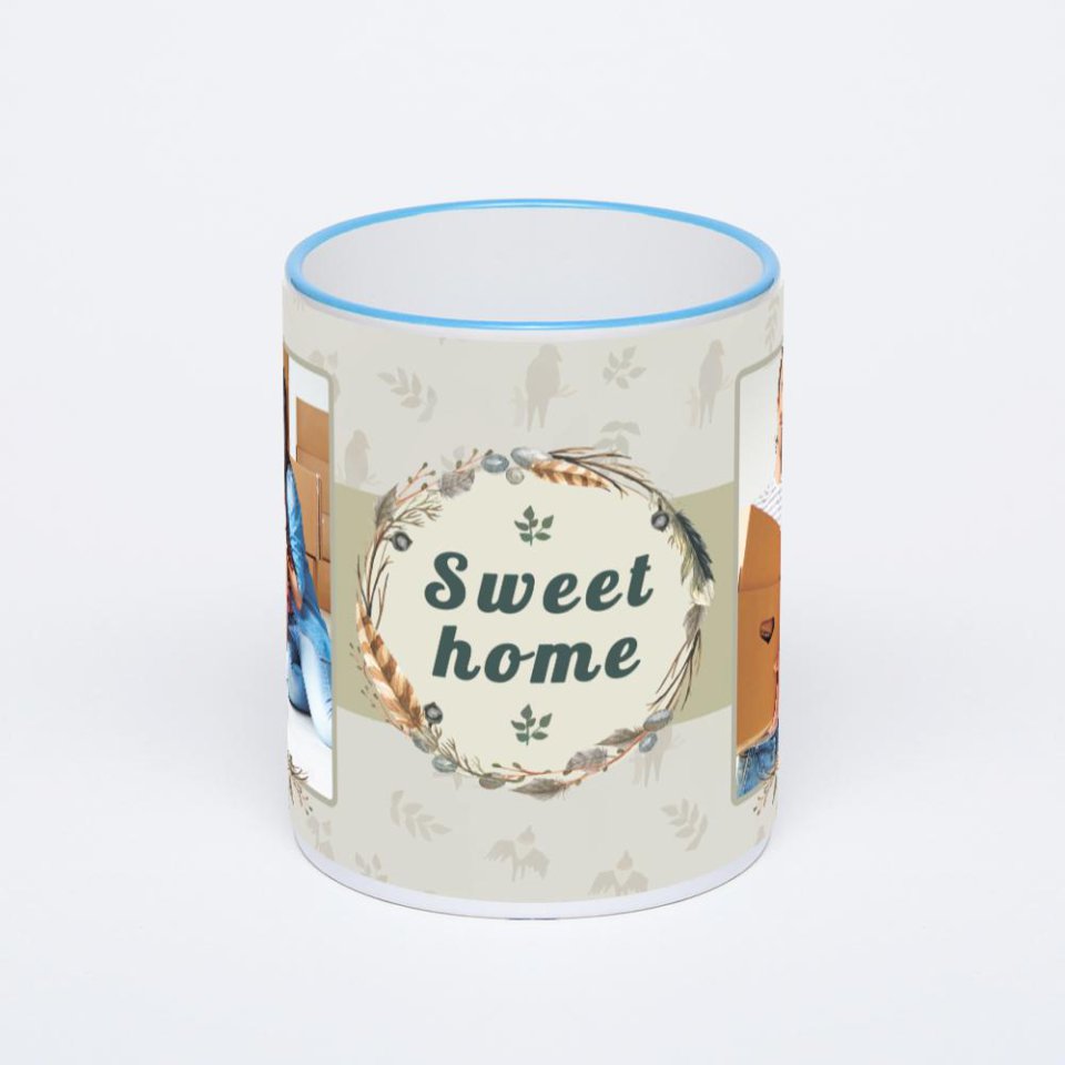 Кружка с синей ручкой и ободком