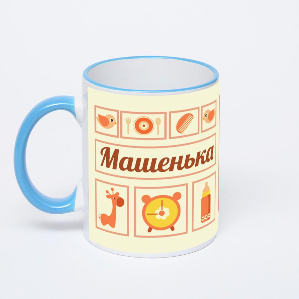 Кружка с синей ручкой и ободком