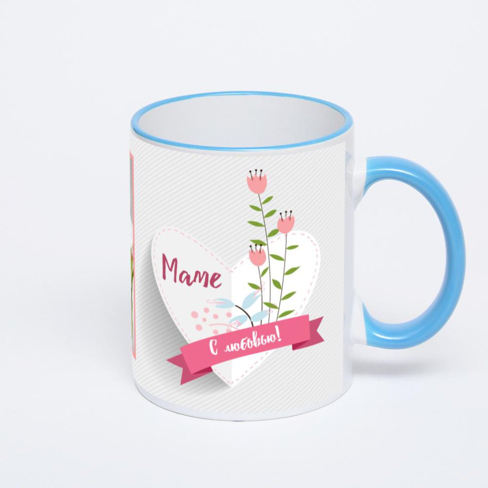 Кружка с синей ручкой и ободком