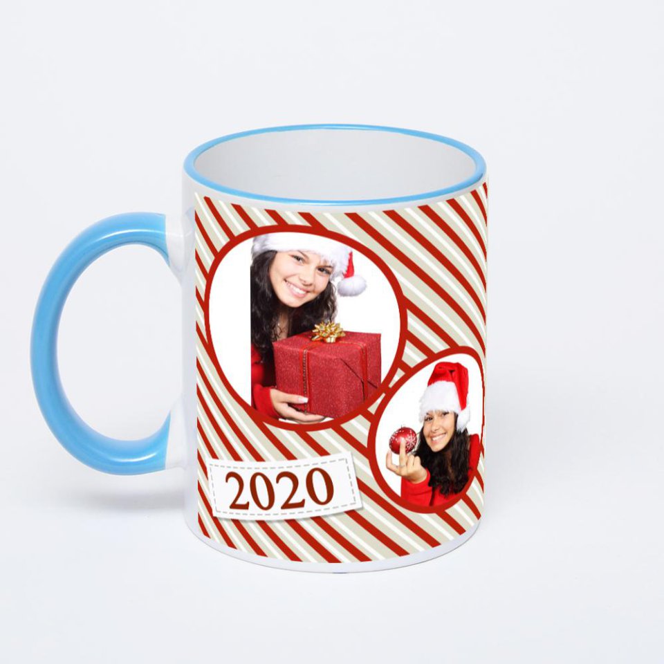 Кружка с синей ручкой и ободком