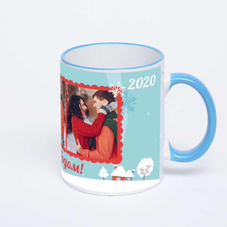 Кружка с синей ручкой и ободком