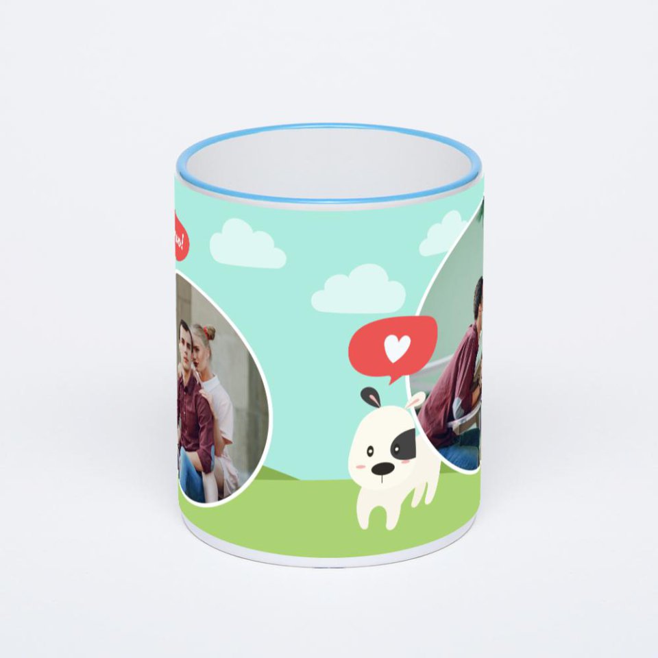 Кружка с синей ручкой и ободком