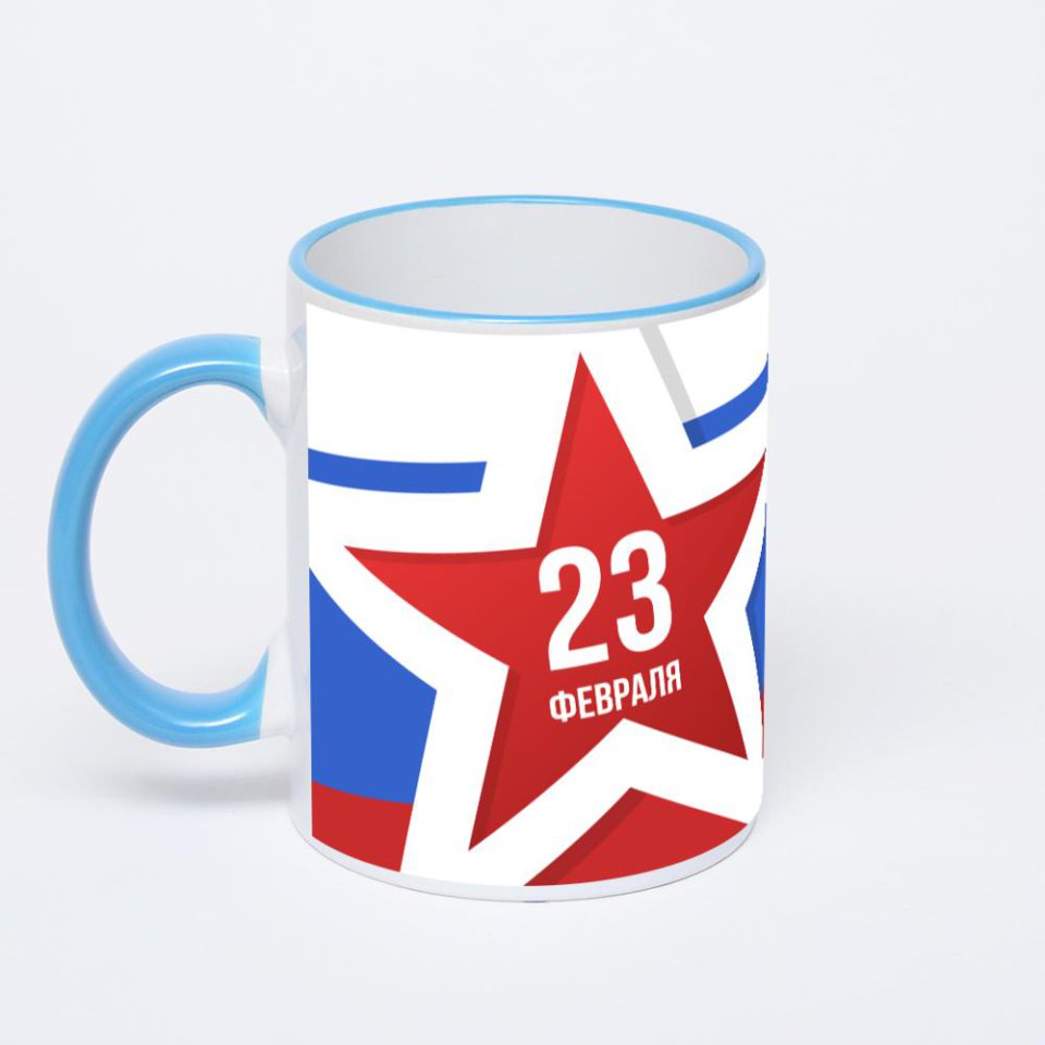 Кружка с синей ручкой и ободком