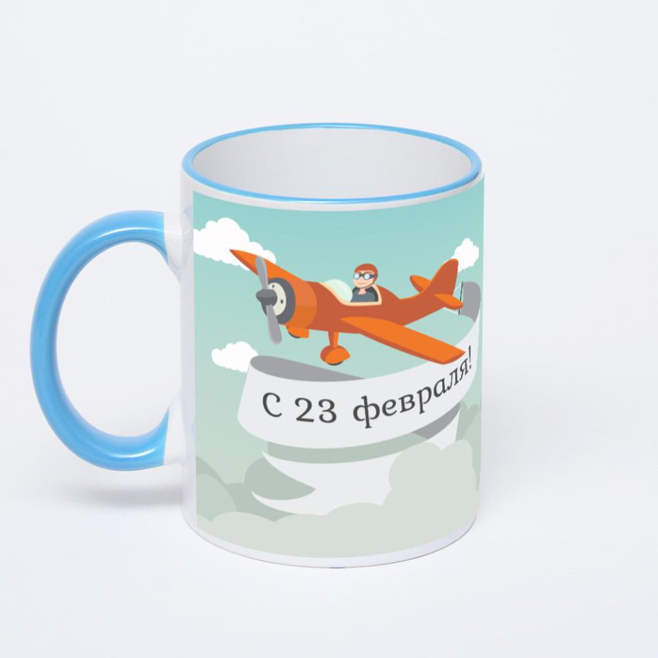 Кружка с синей ручкой и ободком