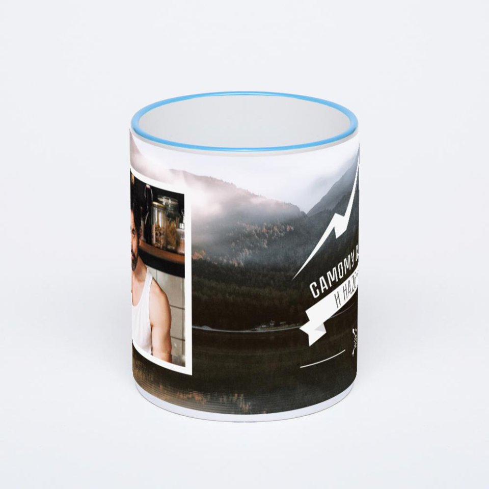 Кружка с синей ручкой и ободком