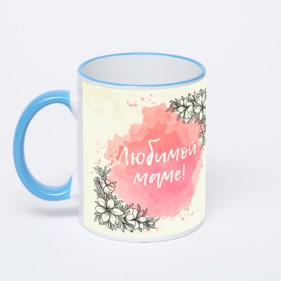 Кружка с синей ручкой и ободком