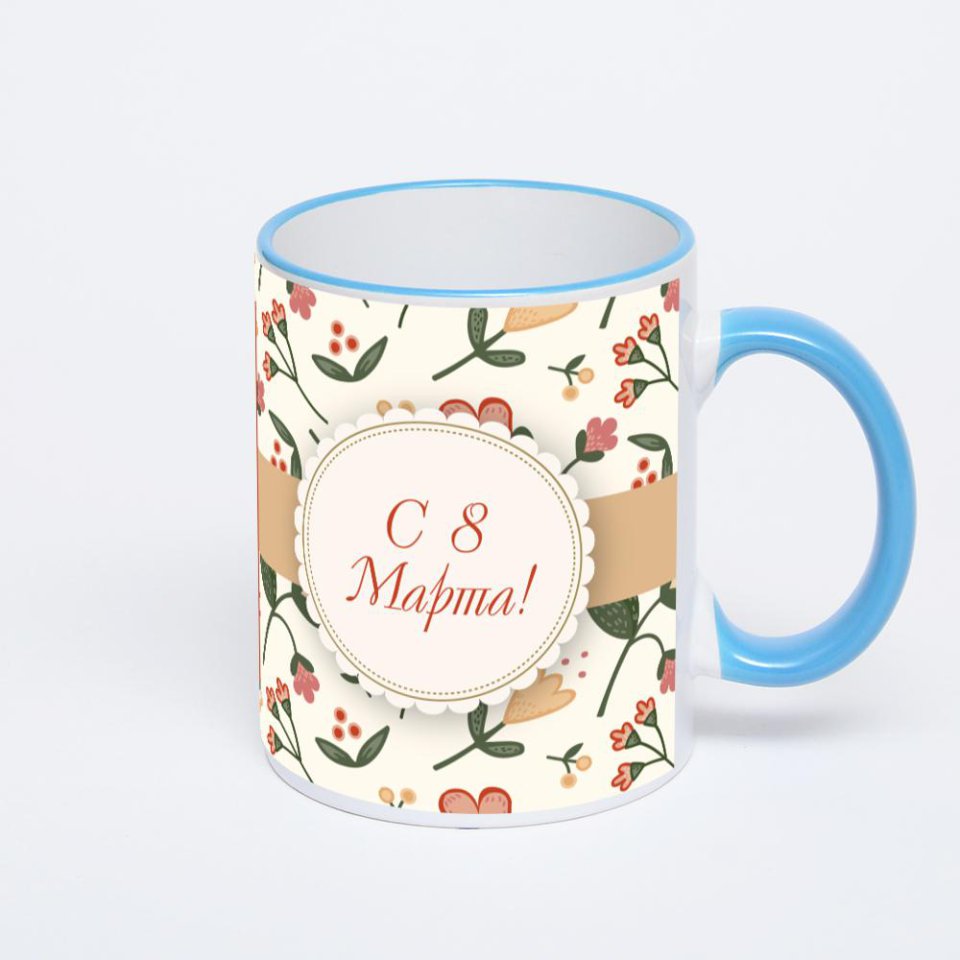 Кружка с синей ручкой и ободком