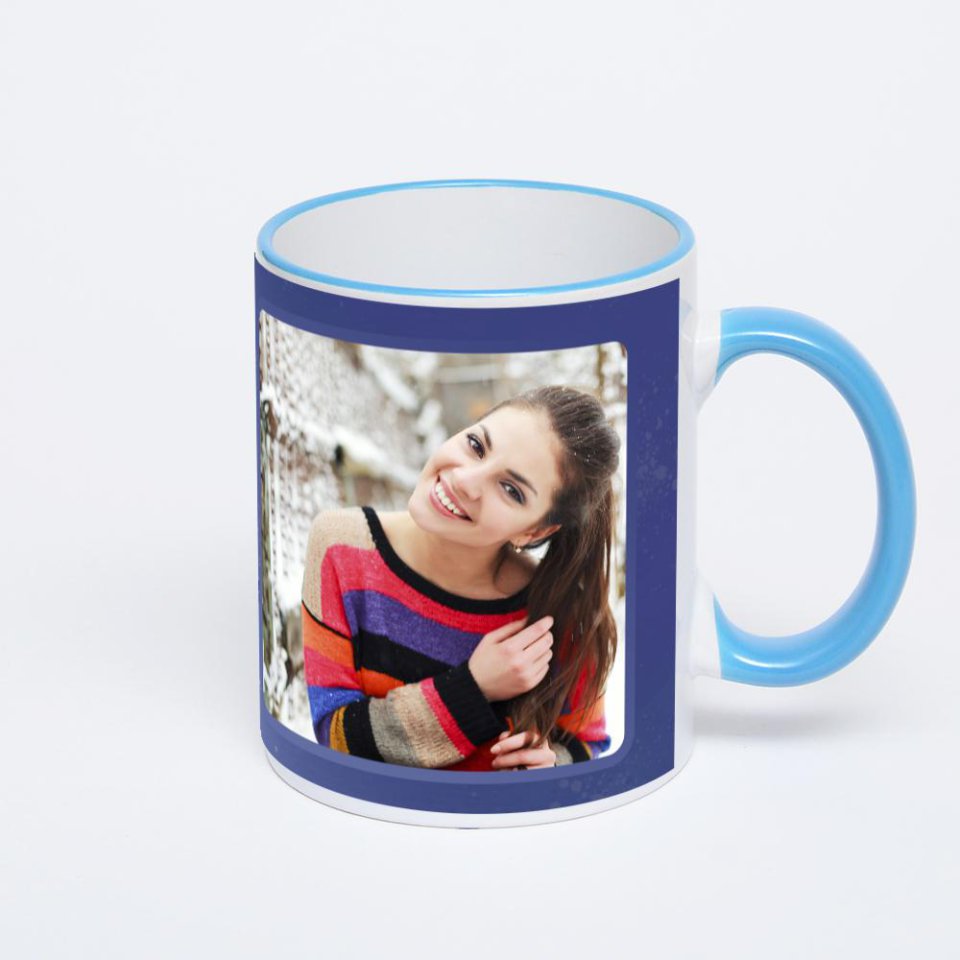 Кружка с синей ручкой и ободком