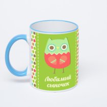 Кружка с синей ручкой и ободком