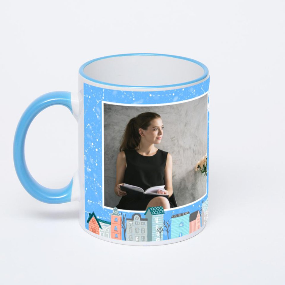 Кружка с синей ручкой и ободком