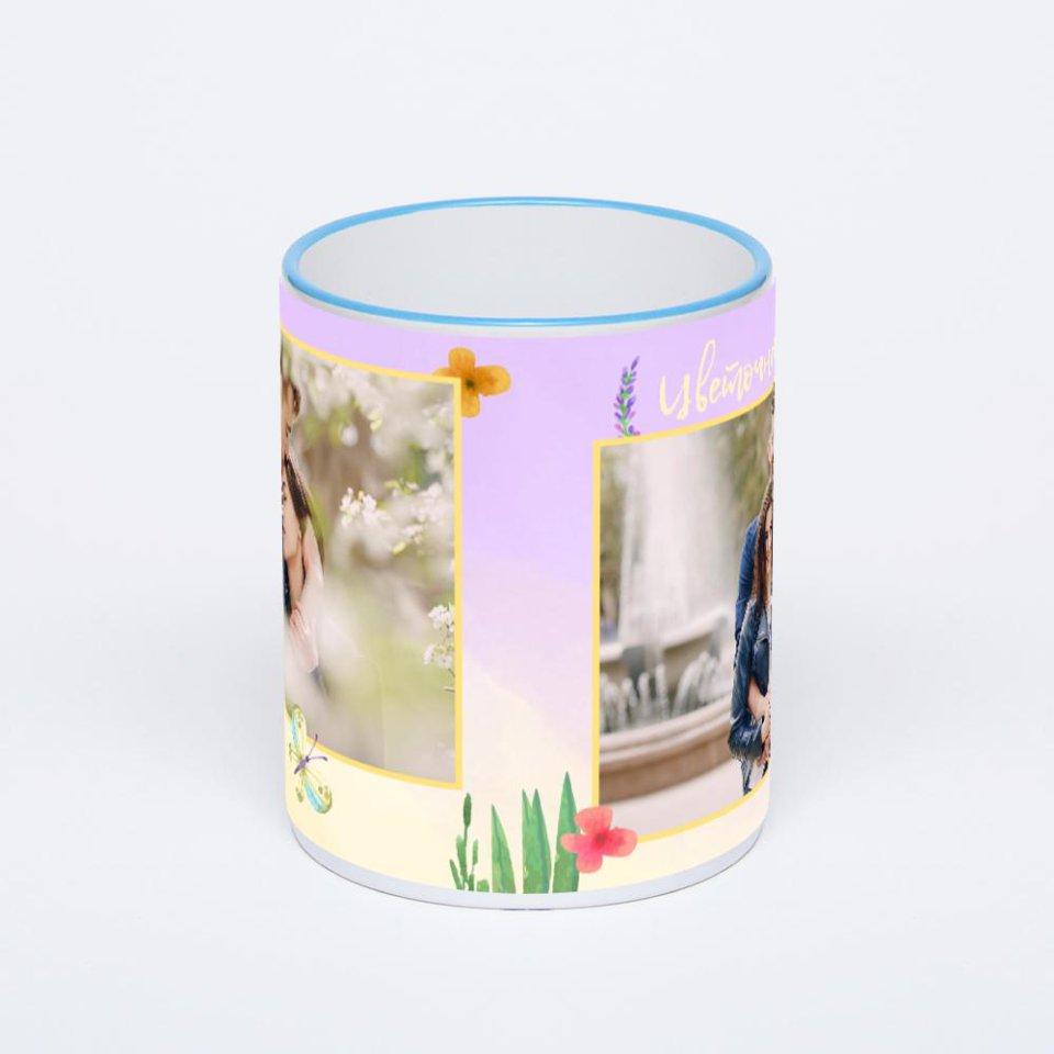 Кружка с синей ручкой и ободком