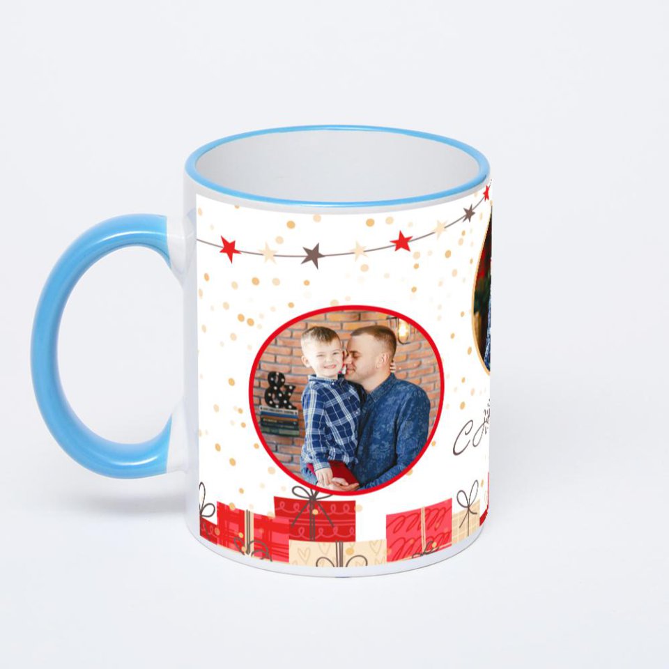 Кружка с синей ручкой и ободком