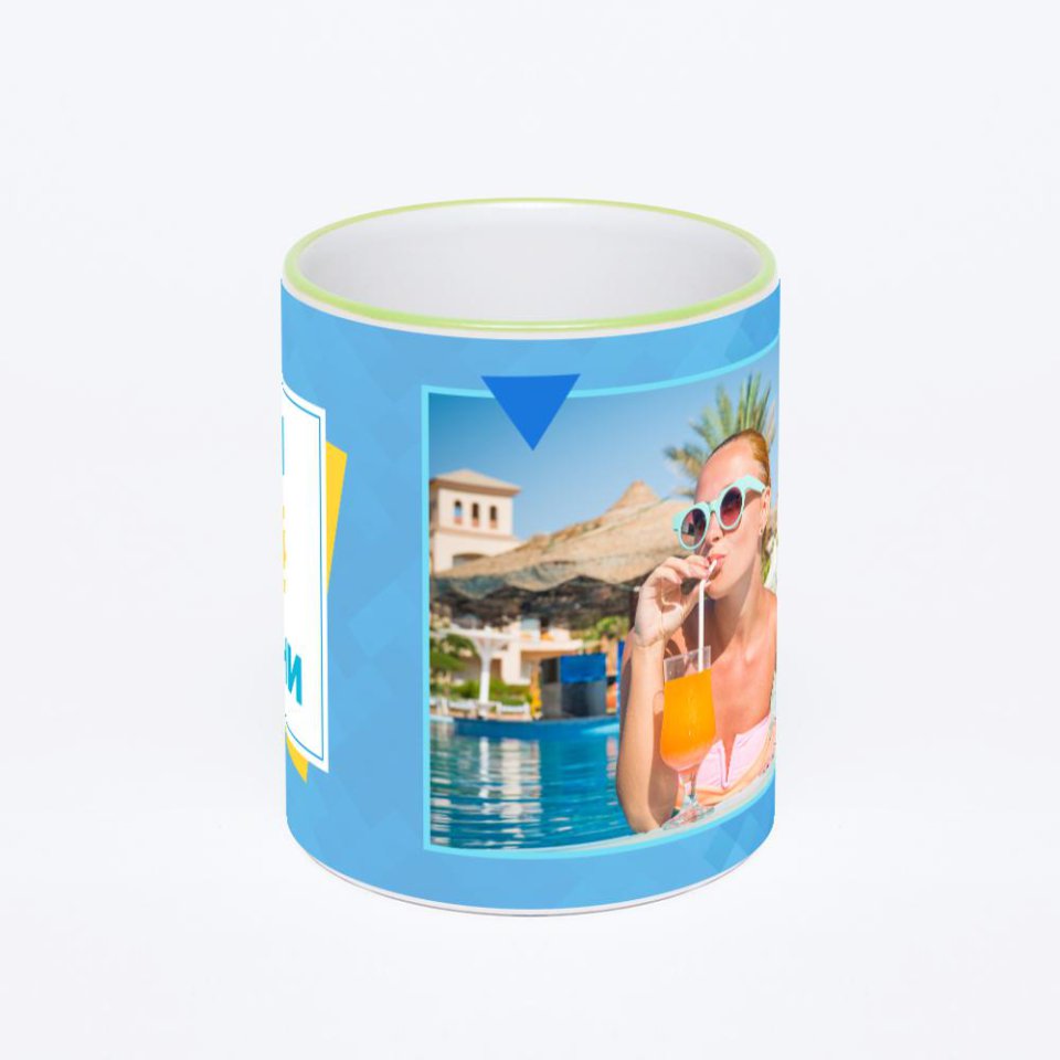 Кружка с салатовой ручкой и ободком