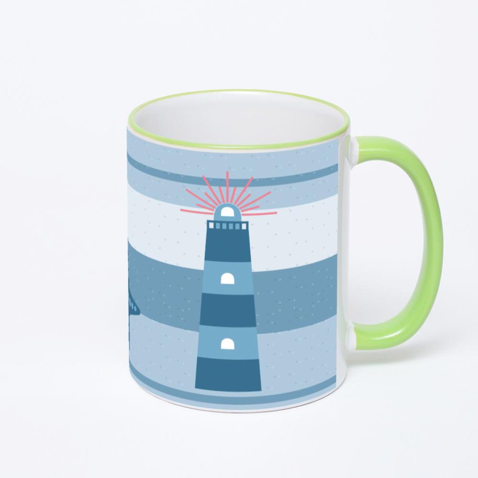 Кружка с салатовой ручкой и ободком