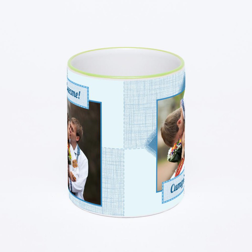 Кружка с салатовой ручкой и ободком