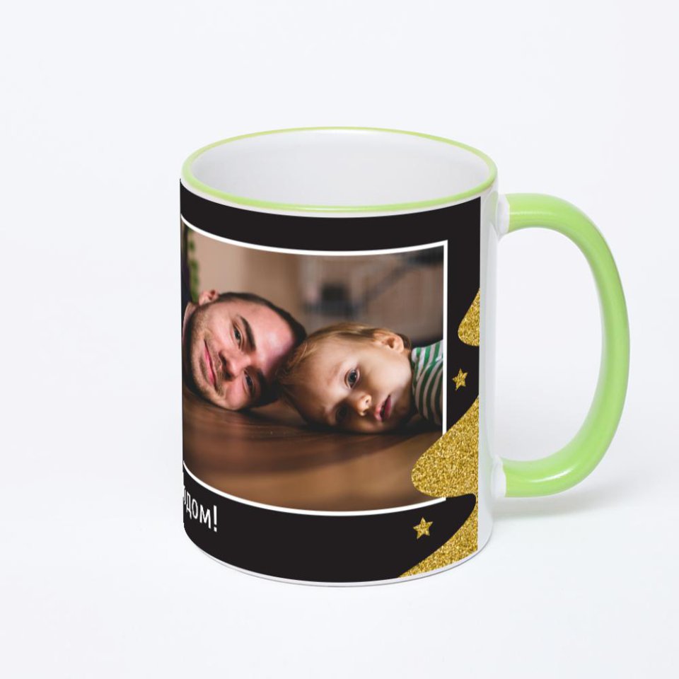 Кружка с салатовой ручкой и ободком