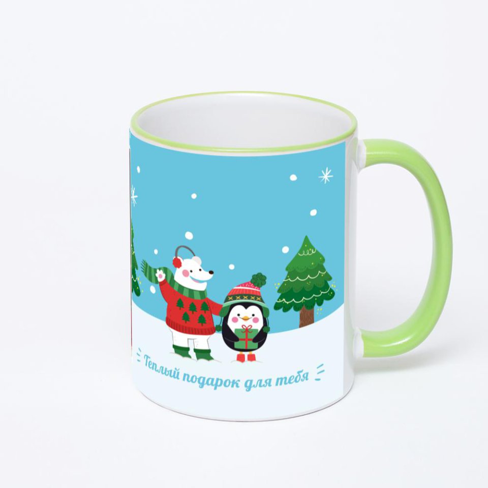 Кружка с салатовой ручкой и ободком