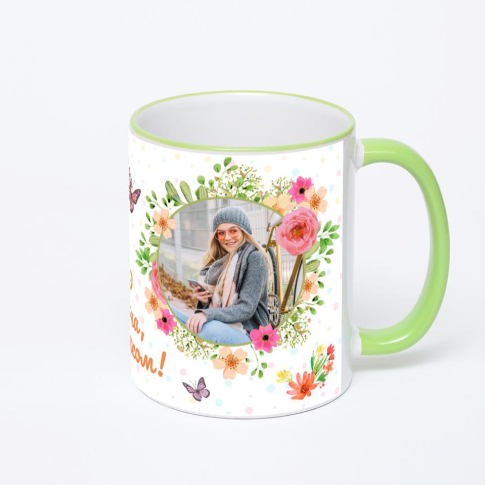 Кружка с салатовой ручкой и ободком