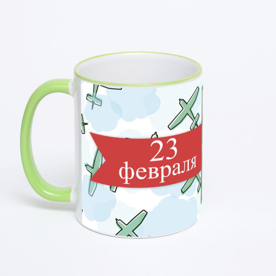 Кружка с салатовой ручкой и ободком