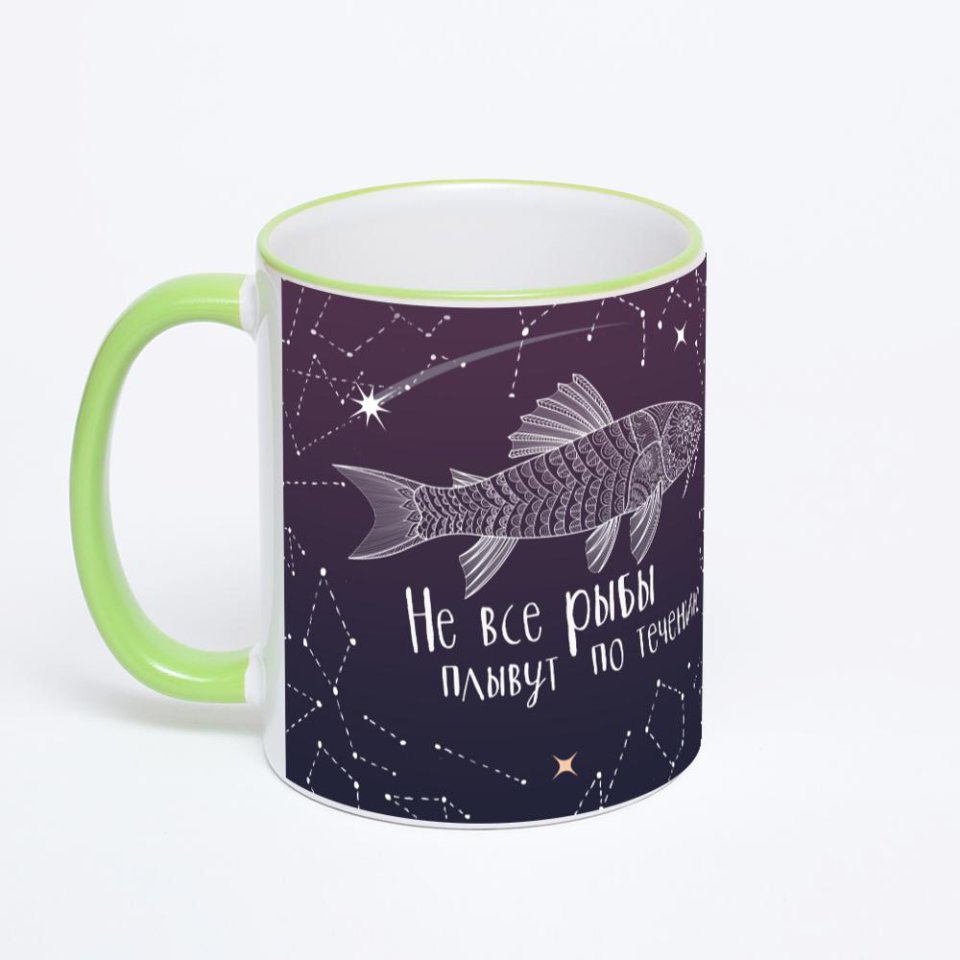 Кружка с салатовой ручкой и ободком