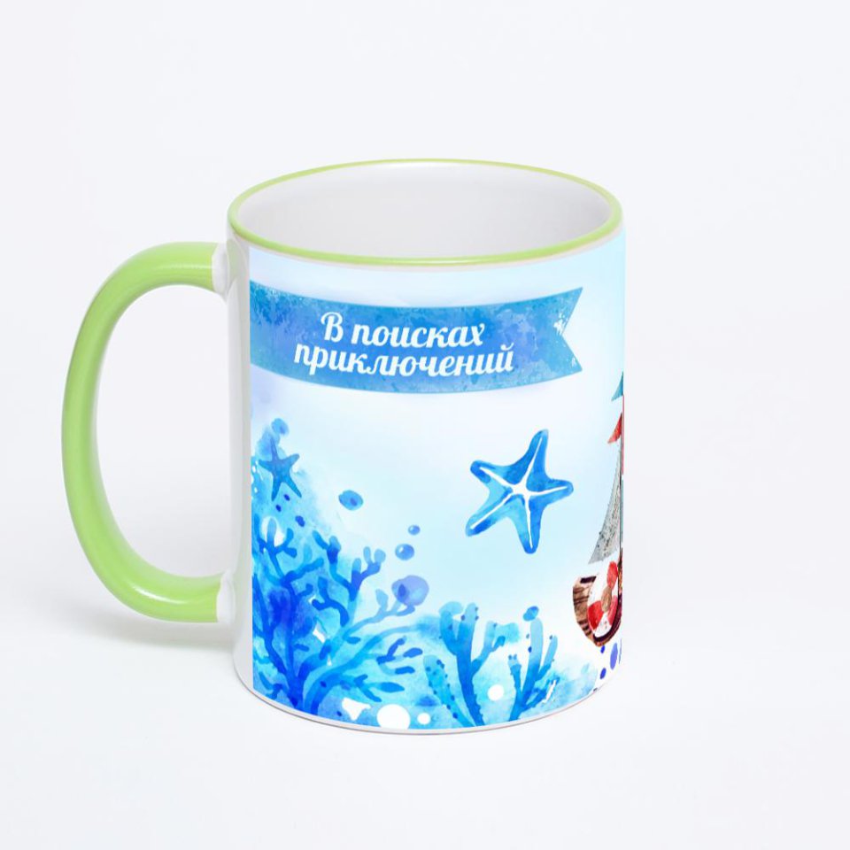 Кружка с салатовой ручкой и ободком