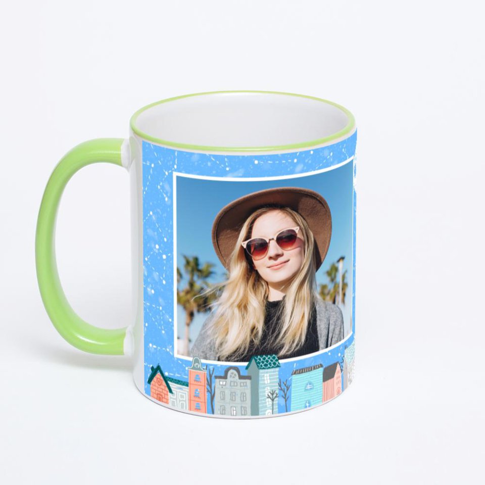 Кружка с салатовой ручкой и ободком