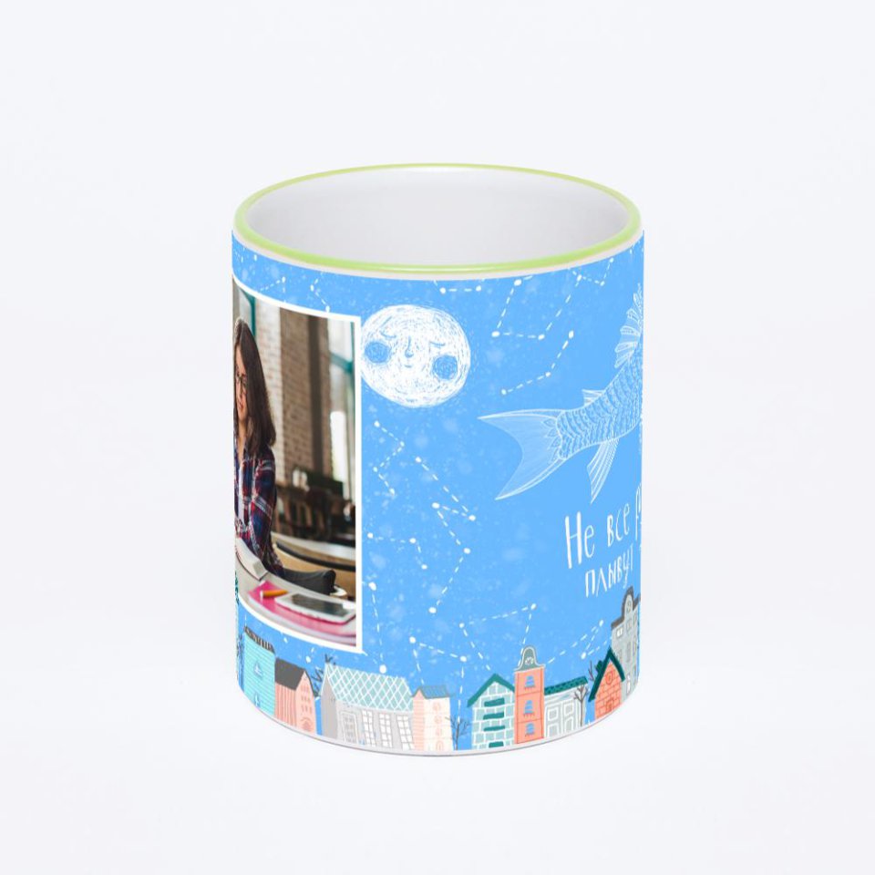 Кружка с салатовой ручкой и ободком