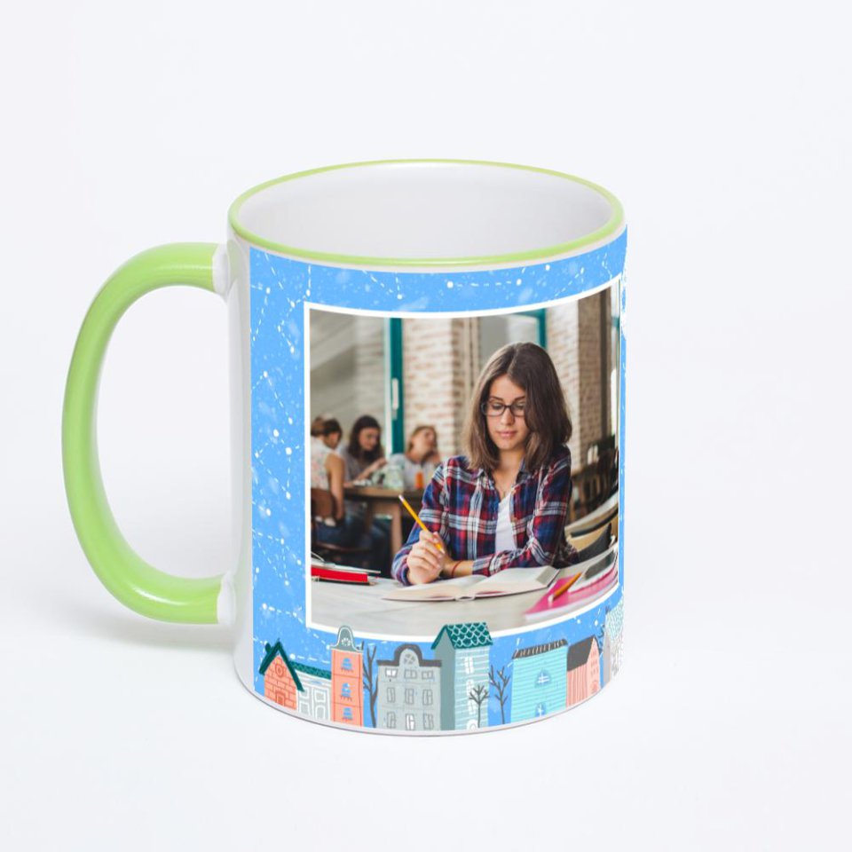 Кружка с салатовой ручкой и ободком