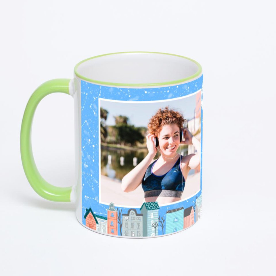 Кружка с салатовой ручкой и ободком