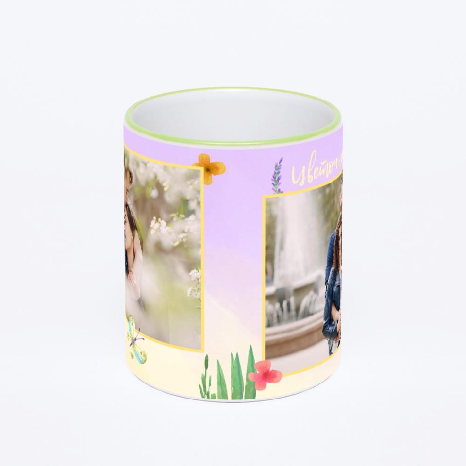 Кружка с салатовой ручкой и ободком