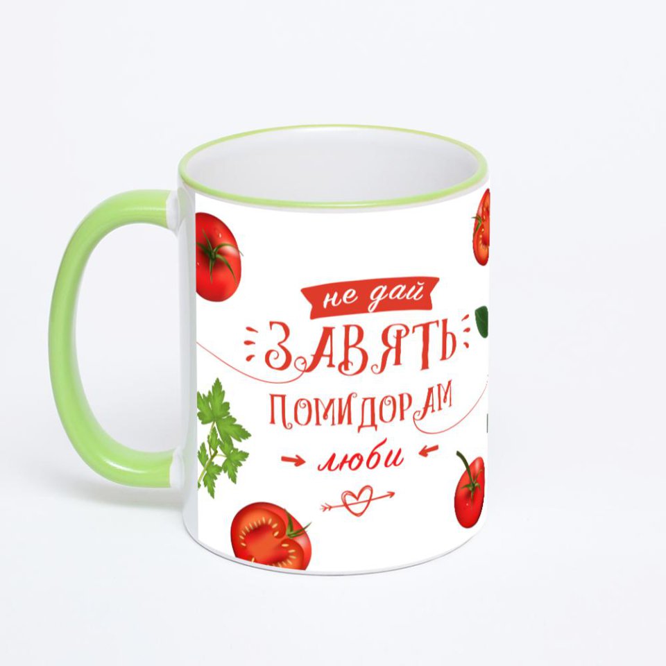 Кружка с салатовой ручкой и ободком