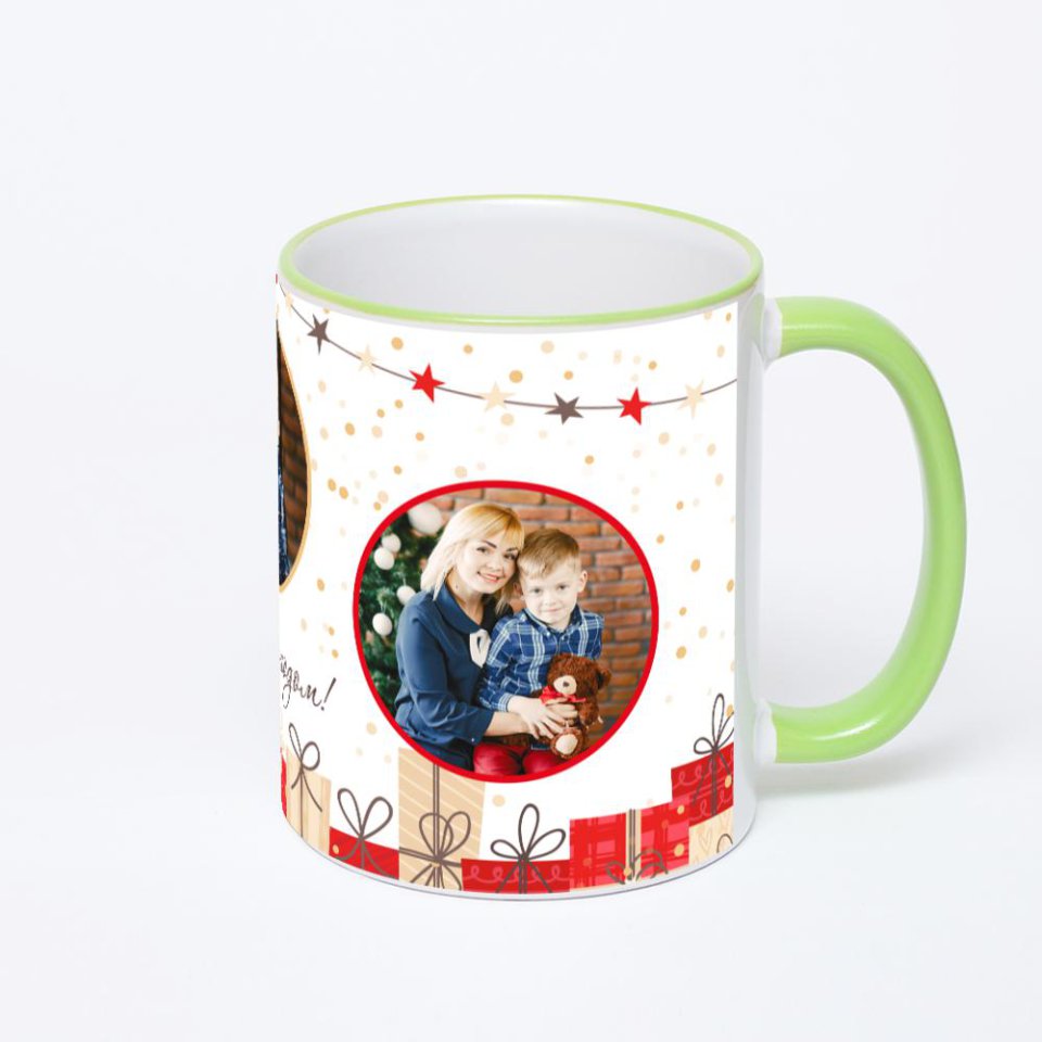 Кружка с салатовой ручкой и ободком