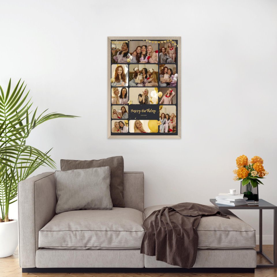 Печать вертикального коллажа 42х60 в бежево-золотистой рамке