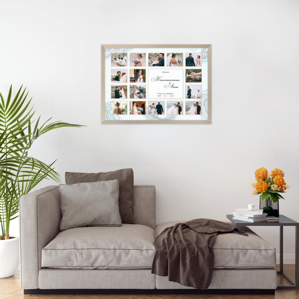 Печать горизонтального коллажа 60х42 в бежево-золотистой рамке