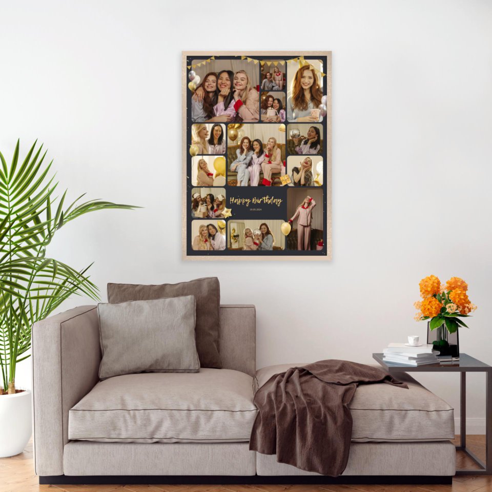 Печать вертикального коллажа 62х87 в бежево-золотистой рамке