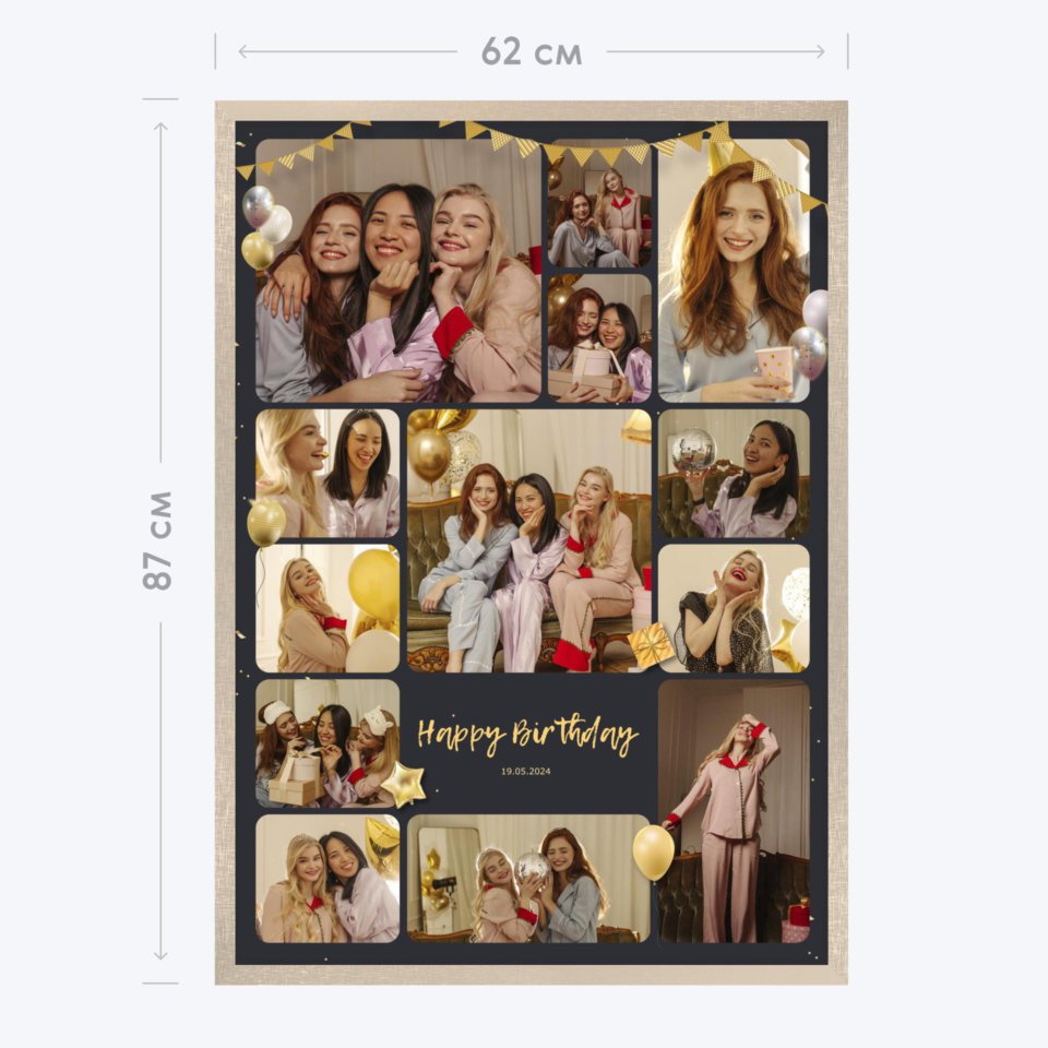 Печать вертикального коллажа 62х87 в бежево-золотистой рамке