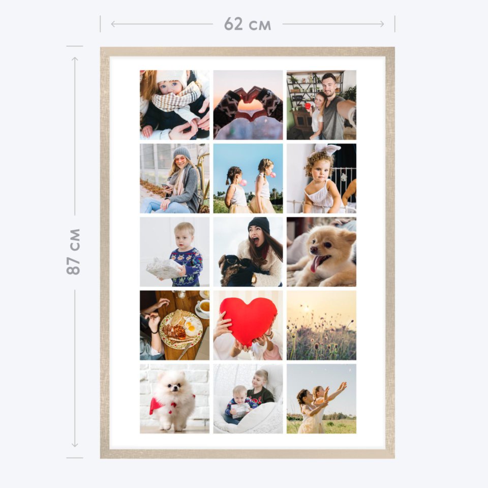 Печать вертикального коллажа 62х87 в бежево-золотистой рамке