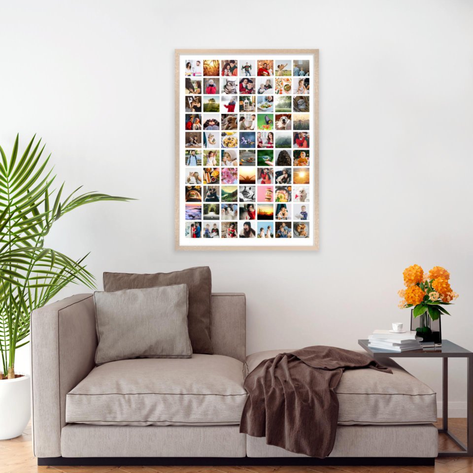 Печать вертикального коллажа 62х87 в бежево-золотистой рамке