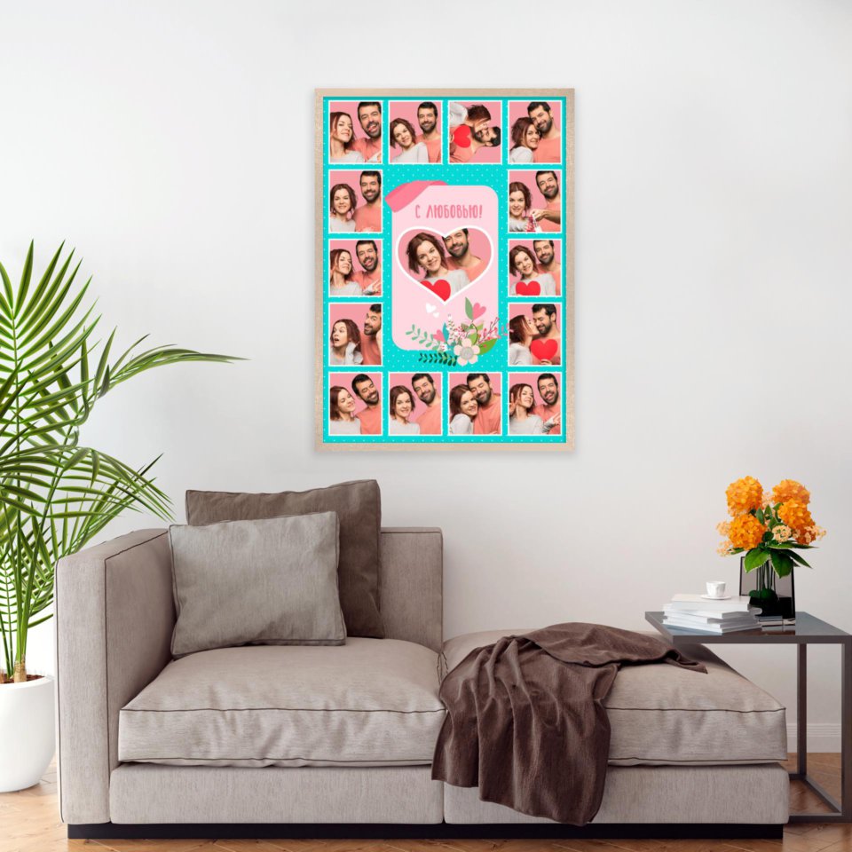 Печать вертикального коллажа 62х87 в бежево-золотистой рамке