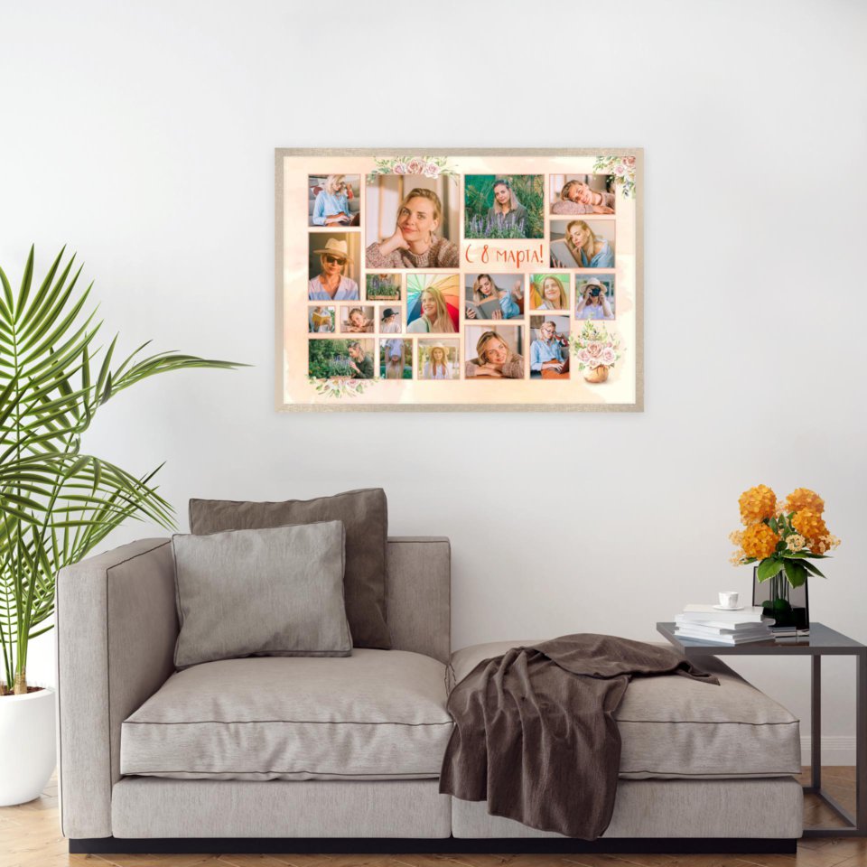 Печать горизонтального коллажа 87х62 в бежево-золотистой рамке